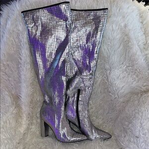 Silver Holographic Grid Knee-High Boots - Women